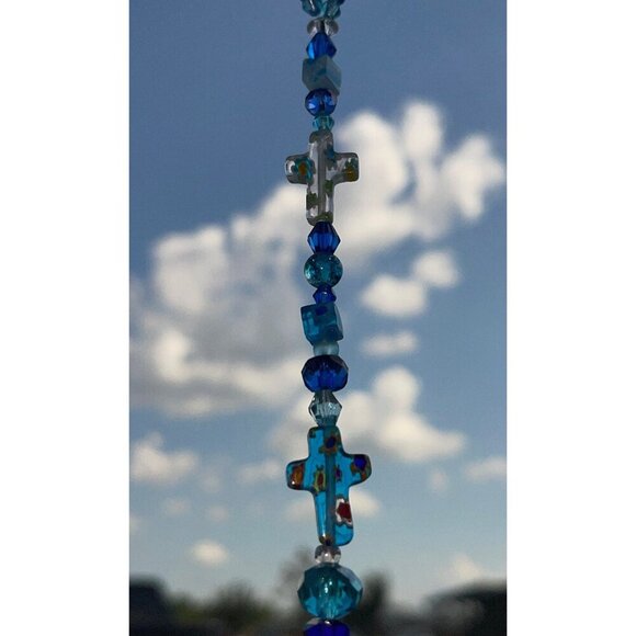 Beaded Suncatcher Rearview Mirror Ornament Cross Blue Crystal Prism Car Charm - Picture 5 of 10